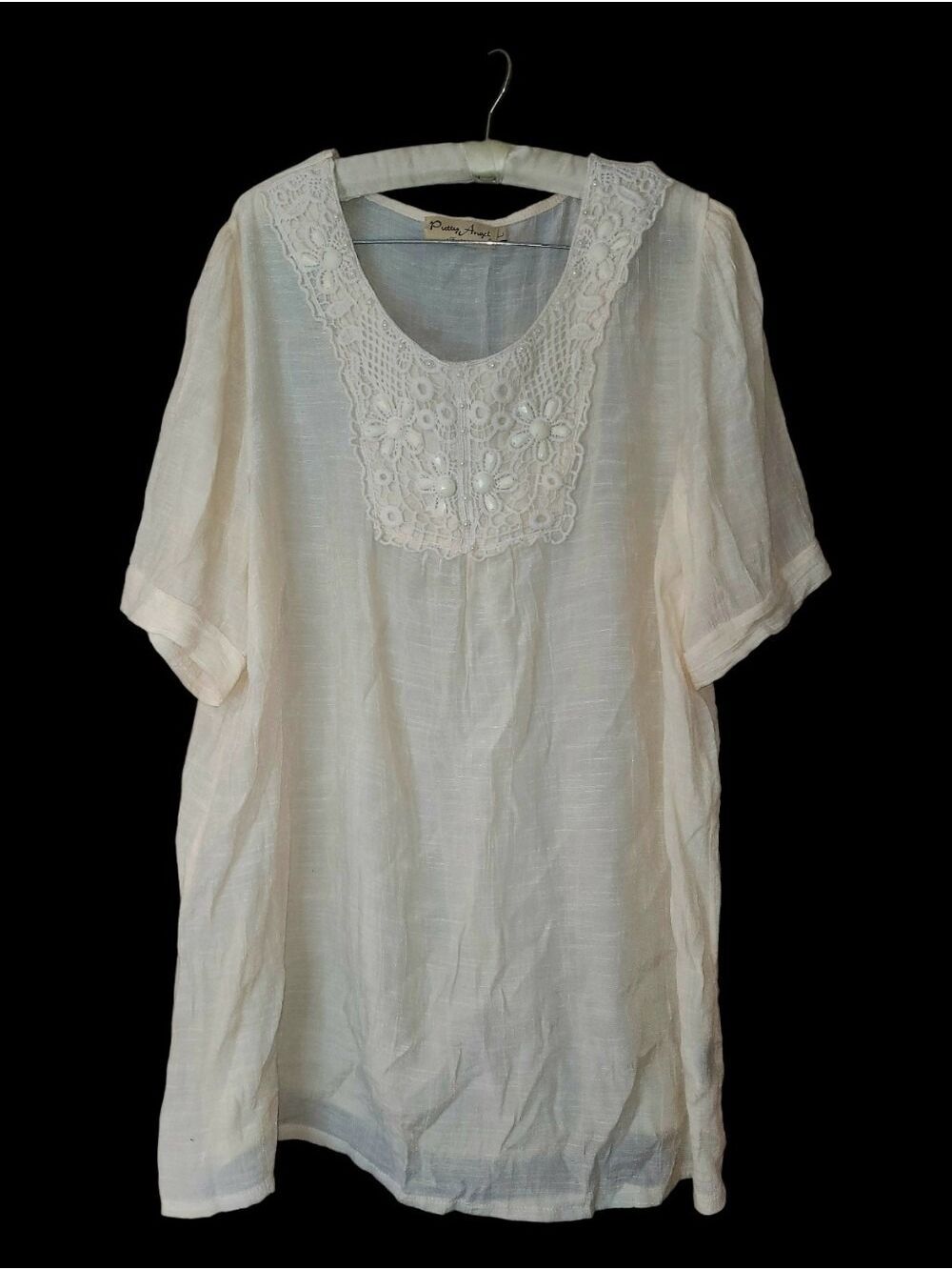 Exquisite Pretty Angel Cream Crinkle Boho Tunic Crochet Lace & Beading L